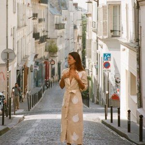 ZARA WOMAN MIDI BELTED BEAD EMBROIDERED LINEN SHIRT DRESS SAND  XS